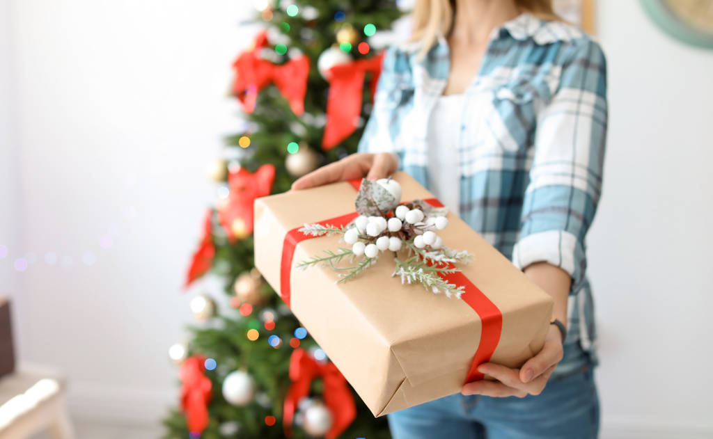 junge Frau mit Weihnachtsgeschenk zu Hause - Foto, Bild