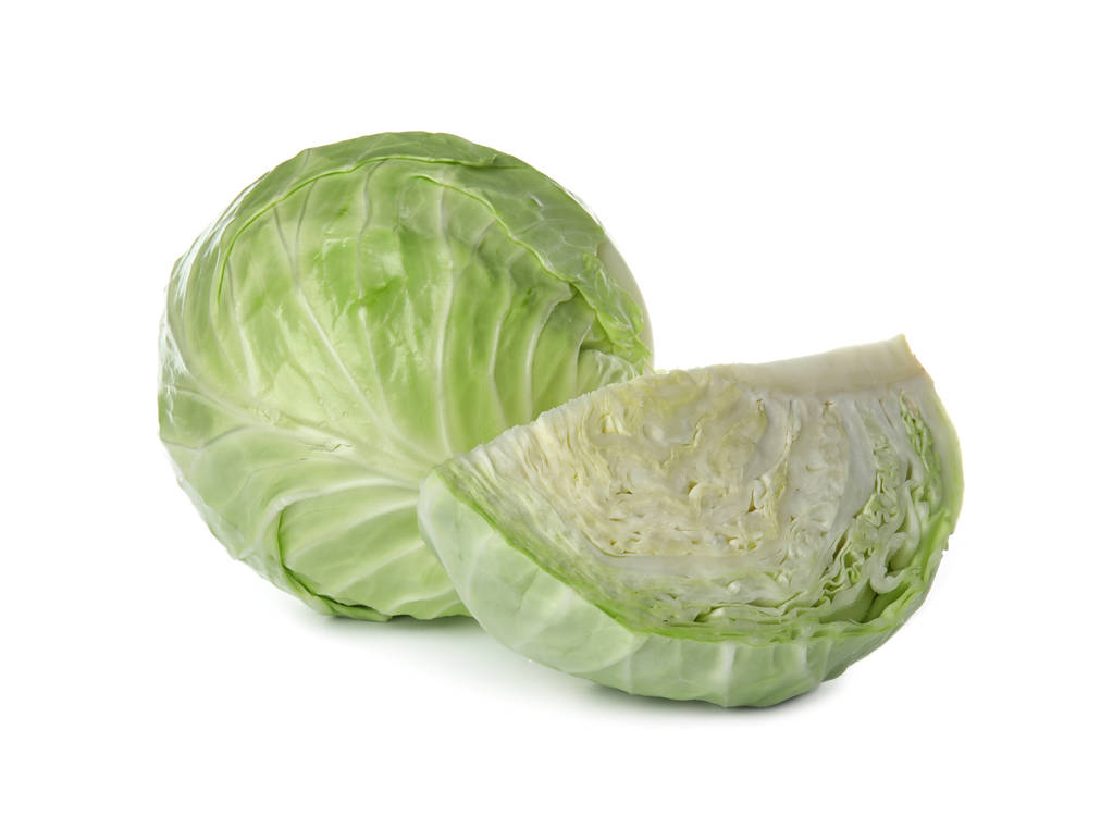 Whole and sliced cabbages on white background. Healthy food - Photo, Image