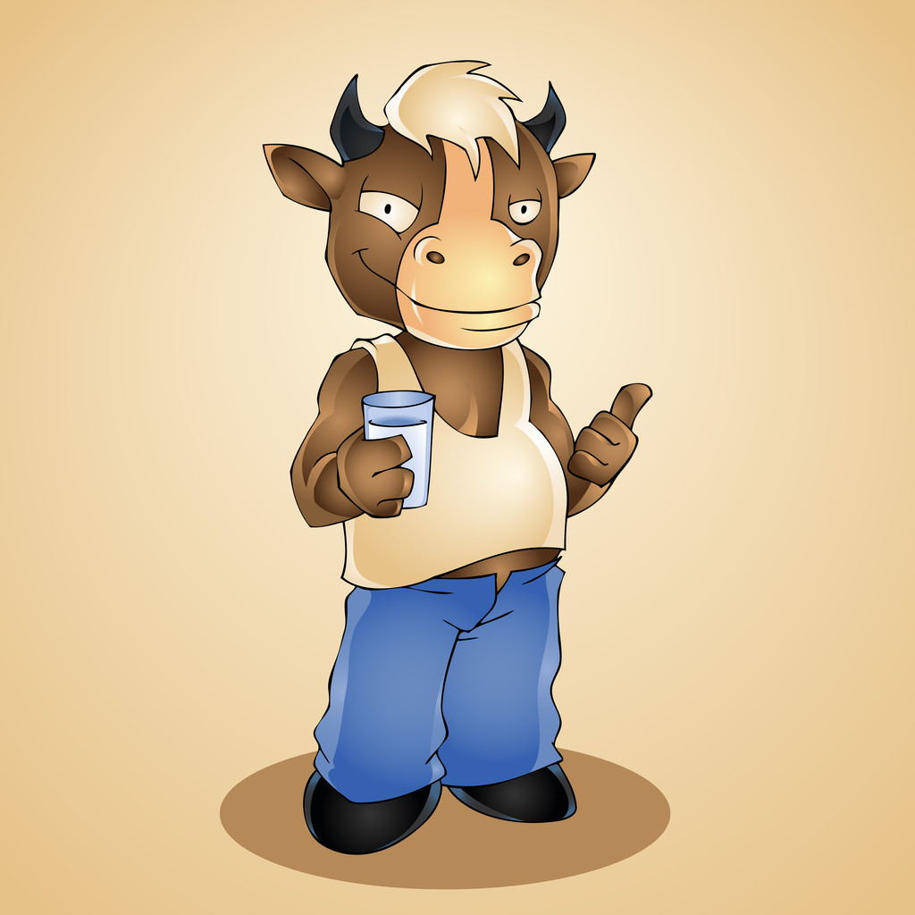 Vicces rajzfilm bika pohár tejet. Vektoros illusztráció - Vektor, kép