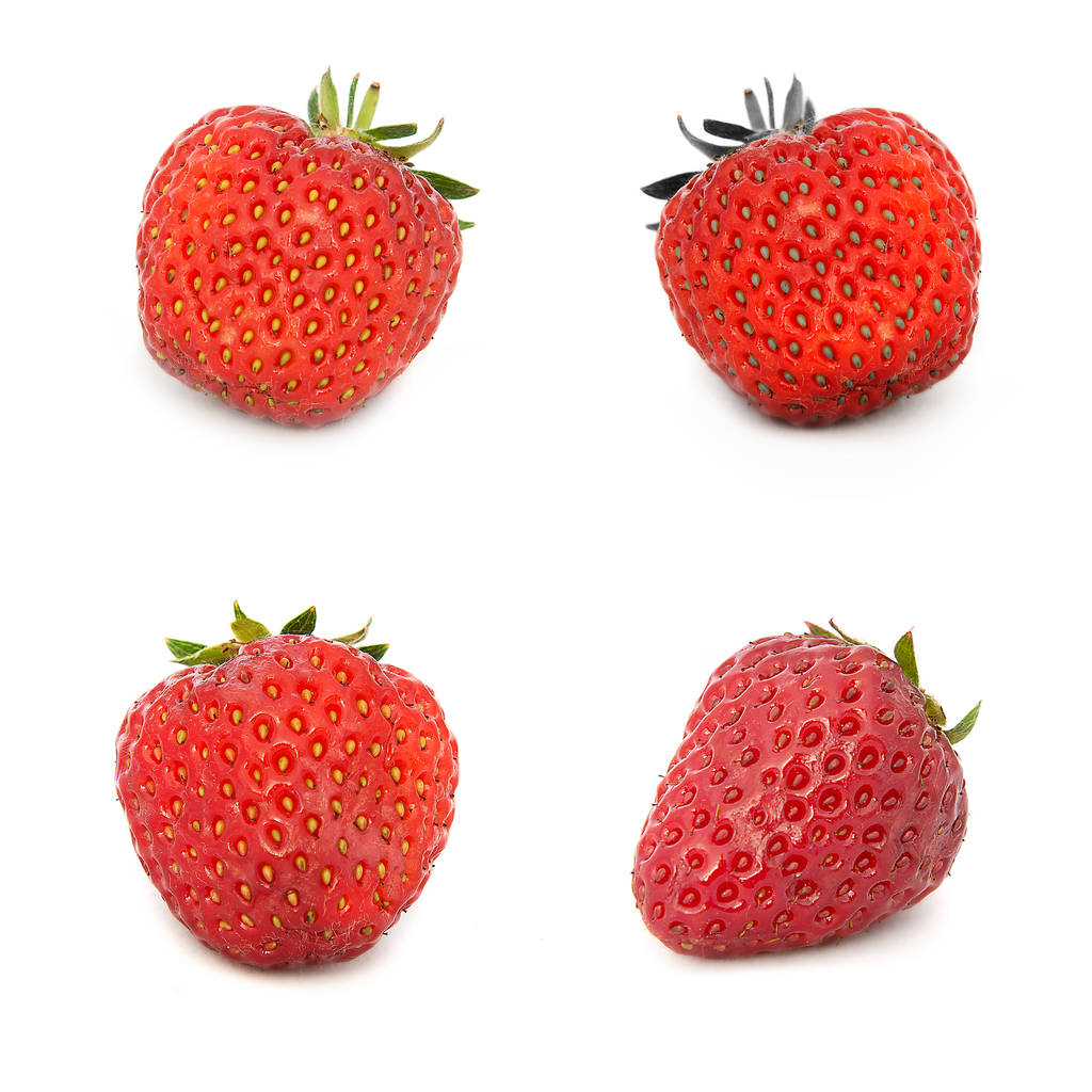 viele verschiedene Erdbeersets auf weißem Hintergrund, isoliert mit Erdbeeren, viele verschiedene Erdbeeren auf einem Blatt.  - Foto, Bild