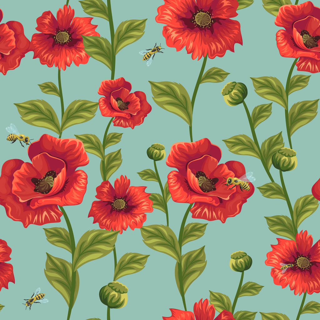 seamless pattern with poppies and bees - Vector, Image