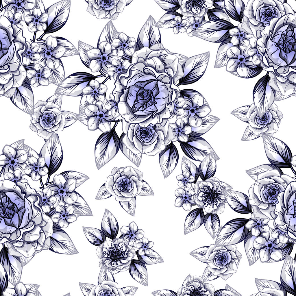 シームレスなビンテージ スタイルの花柄。花柄要素の輪郭 - ベクター画像