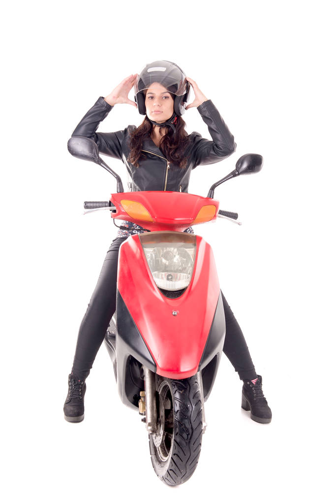 giovane donna con moto isolata in bianco
 - Foto, immagini