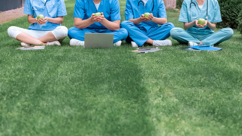 abgeschnittenes Bild von Medizinstudenten, die auf Gras sitzen und Äpfel in der Hand halten - Foto, Bild