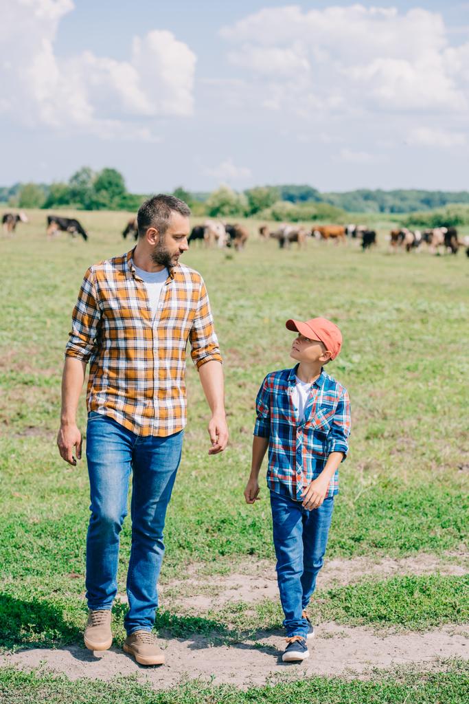 szczęśliwy ojciec i syn, chodzenie na pole i patrząc na siebie - Zdjęcie, obraz