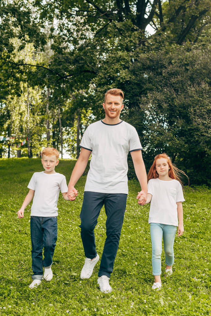 ojciec z dwie urocze dzieci trzymając się za ręce i uśmiechając się aparatu podczas spaceru razem w parku - Zdjęcie, obraz