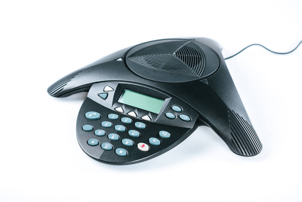close-up shot of black conference phone isolated on white - Photo, Image