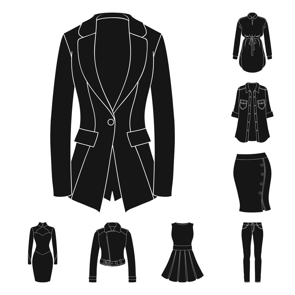 Vrouwen kleding van zwarte iconen in set collectie voor design. Variëteiten van de kleding en accessoires symbool voorraad web vectorillustratie. - Vector, afbeelding