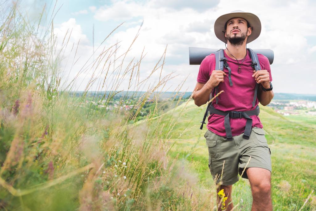 Schöne Wanderin mit Hut, Rucksack und Wandermatte wandert auf Pfad auf grüner Wiese - Foto, Bild