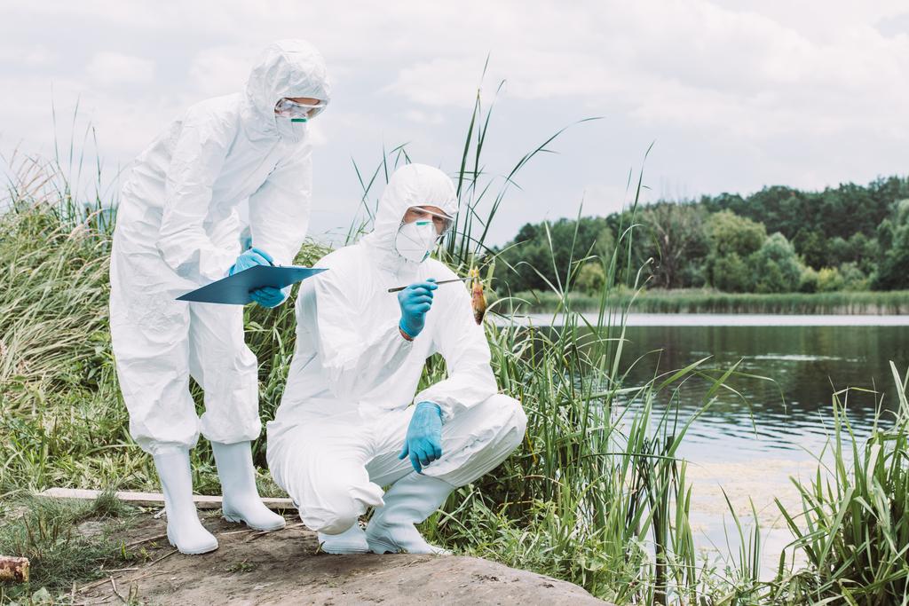 two scientists in protective masks and suits examining fish and writing in clipboard near river  - Photo, Image