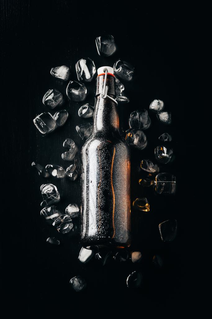 暗い卓上に配置されたアイス キューブにビール瓶を持つフラット レイアウト - 写真・画像