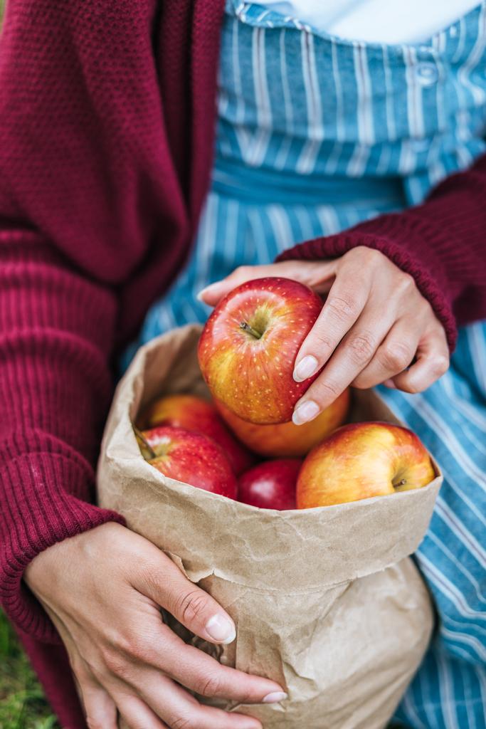 cropped view of girl holding paper bag with ripe apples - Photo, Image
