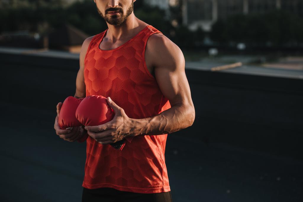 Oříznout obrázek sportovec drží červené Boxerské rukavice na střeše - Fotografie, Obrázek