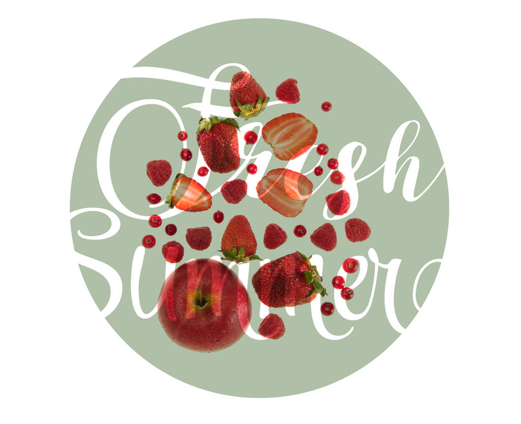 different organic red fruits and berries isolated on white with "fresh summer" lettering - Photo, Image