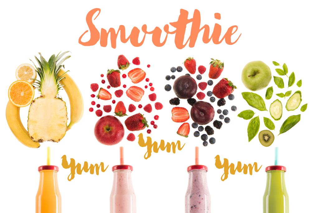 różnych zdrowych smoothies w butelkach ze świeżych składników na białym tle na białym, z "yum smoothie" napis - Zdjęcie, obraz