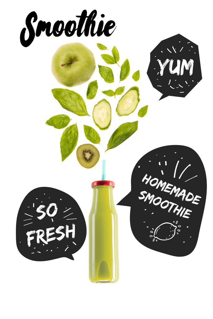 υγιή πράσινο smoothie φρούτα σε γυάλινο μπουκάλι που απομονώνονται σε λευκό, με «σπιτικό smoothie», «yum» και «έτσι φρέσκο» εμπνεύσεις σε συννεφάκια ομιλίας - Φωτογραφία, εικόνα
