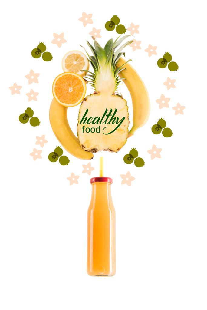 keltainen terve smoothie hedelmiä lasipullo eristetty valkoinen, jossa "terveellistä ruokaa" kirjoitus
 - Valokuva, kuva