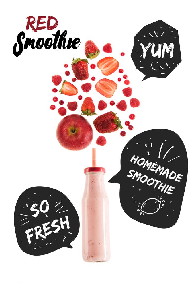 「自家製スムージー」と吹き出しで「新鮮な」インスピレーションの白で隔離ガラス瓶の中の赤い果実を健康的なスムージー - 写真・画像