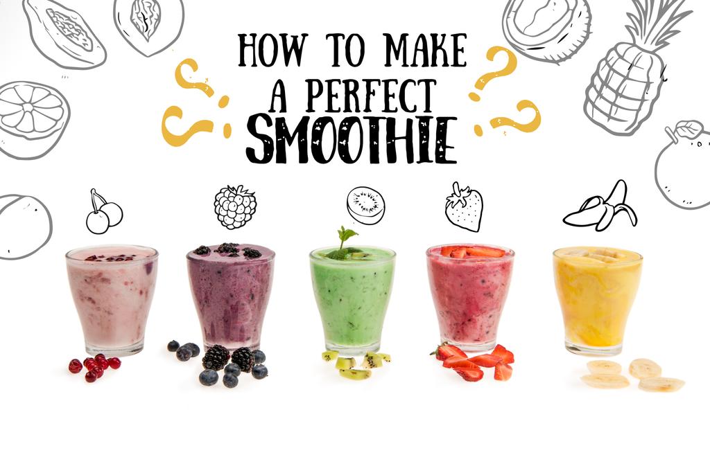 Vue rapprochée des smoothies de fruits frais dans des tasses en verre isolées sur blanc, avec lettrage "Comment faire un smoothie parfait" avec illustration
 - Photo, image