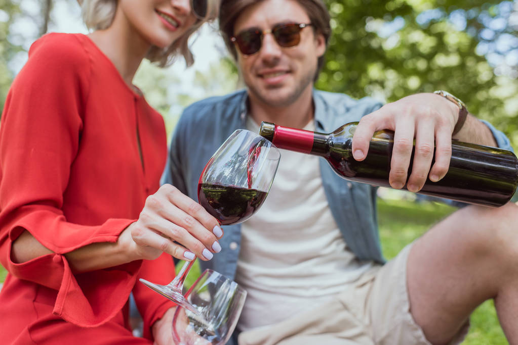 oříznutý obraz přítel nalévání červeného vína v brýlích v parku - Fotografie, Obrázek