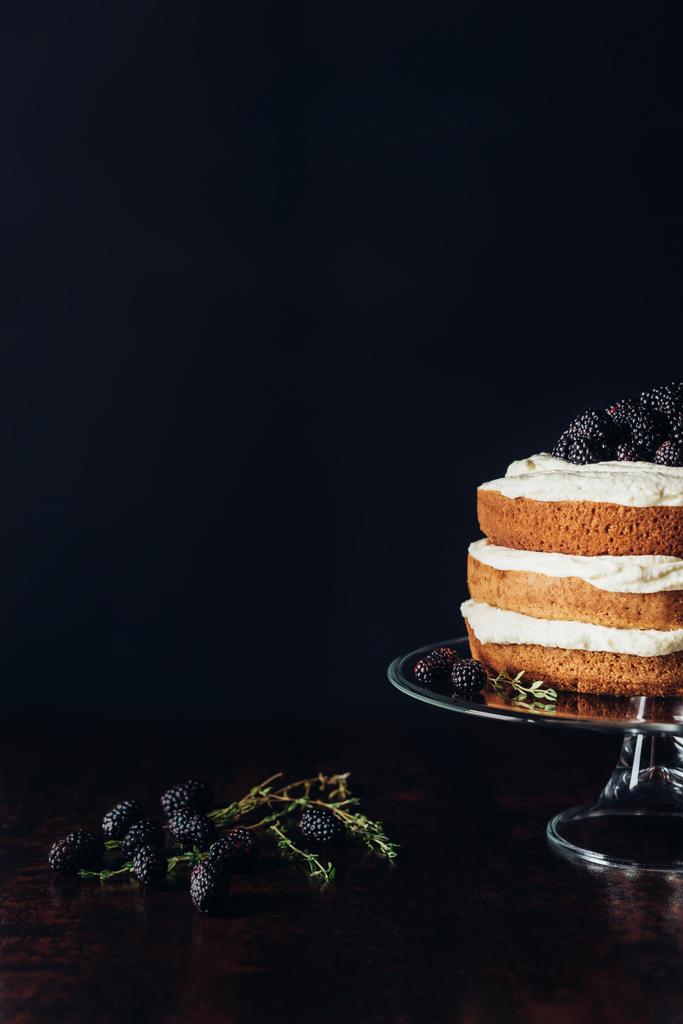 saboroso bolo de amora recém-assado em suporte de vidro em preto
 - Foto, Imagem