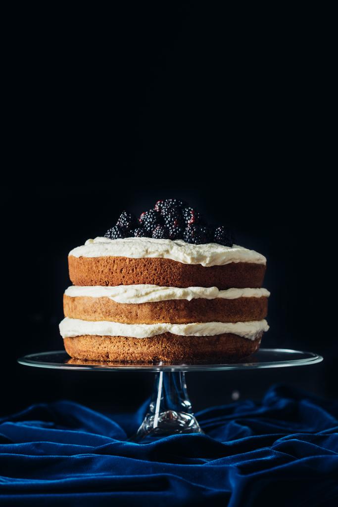 blackberry świeżo upieczone ciasto na szkło stoisko i niebieski tkaniny - Zdjęcie, obraz