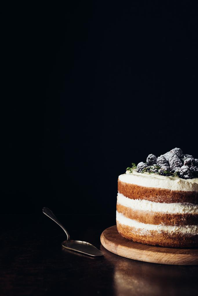 plan rapproché de délicieux gâteau aux mûres sur planche à découper en bois et sur noir avec serveur à gâteaux
 - Photo, image