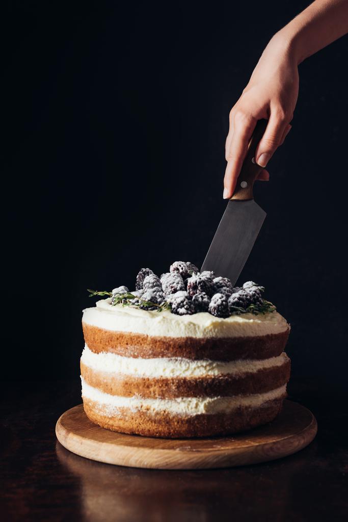 tiro cortado de mulher cortando delicioso bolo de amora preta
 - Foto, Imagem