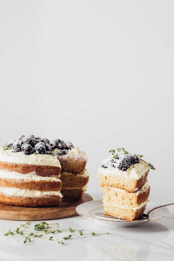 おいしいスライスされたブラックベリーのケーキのクローズ アップ ショット  - 写真・画像