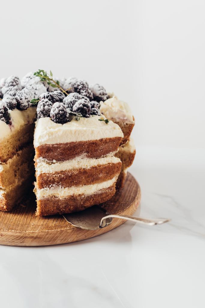 close-up shot of delicious sliced blackberry cake on wooden cutting board with cake server - Photo, Image