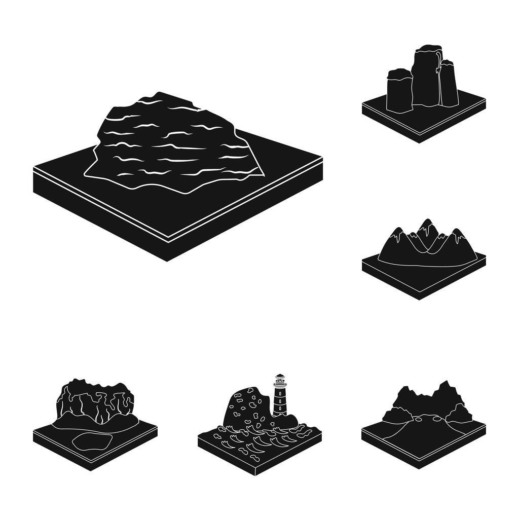 Montañas, iconos negros masivos en la colección de conjuntos para el diseño. La superficie de la tierra vector isométrico símbolo stock web ilustración
. - Vector, imagen