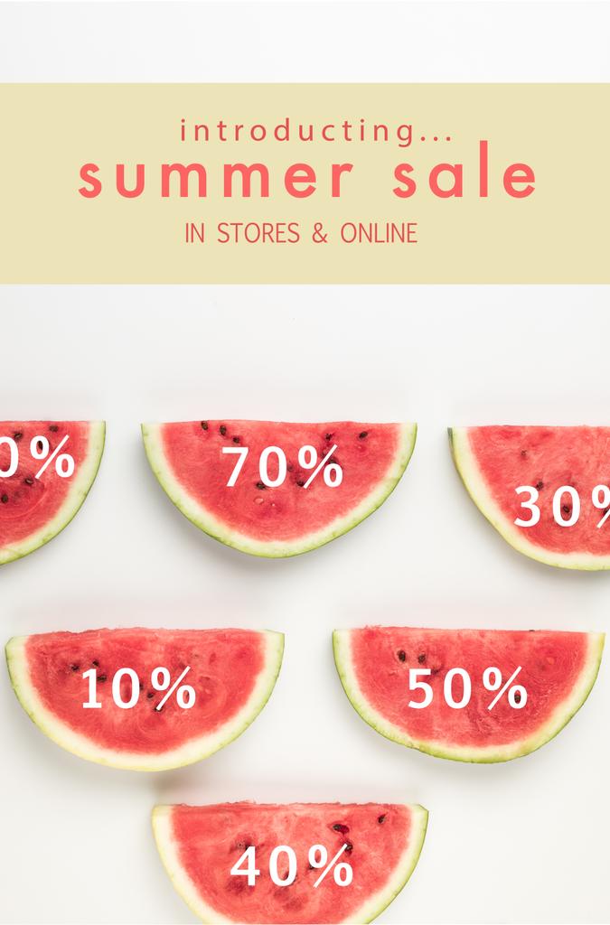 ylhäältä näkymä vesimeloni viipaleita alennus prosenttiosuudet ja kesän myynti kirjoituksella
 - Valokuva, kuva