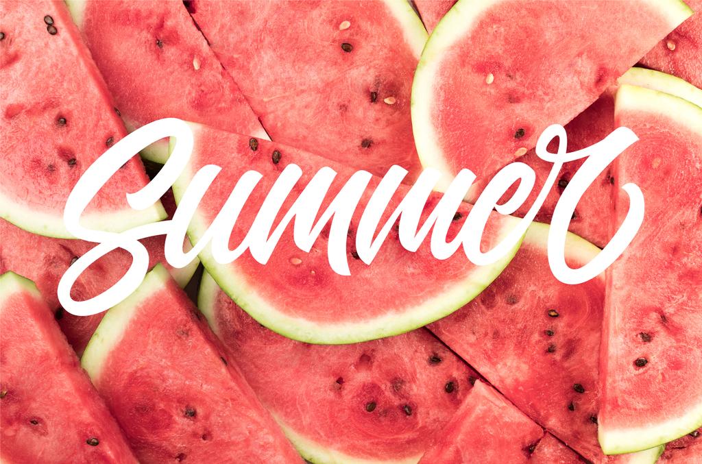 top view of fresh watermelon slices background, with "summer" lettering - Photo, Image