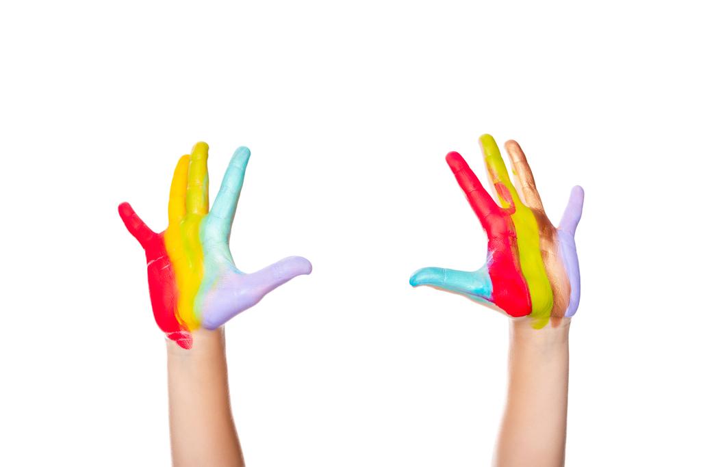 cropped image of schoolboy showing painted hands isolated on white - Photo, Image
