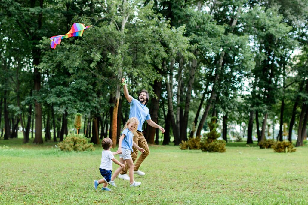 вид збоку щасливого батька і дітей, які грають з повітряним змієм в парку
 - Фото, зображення