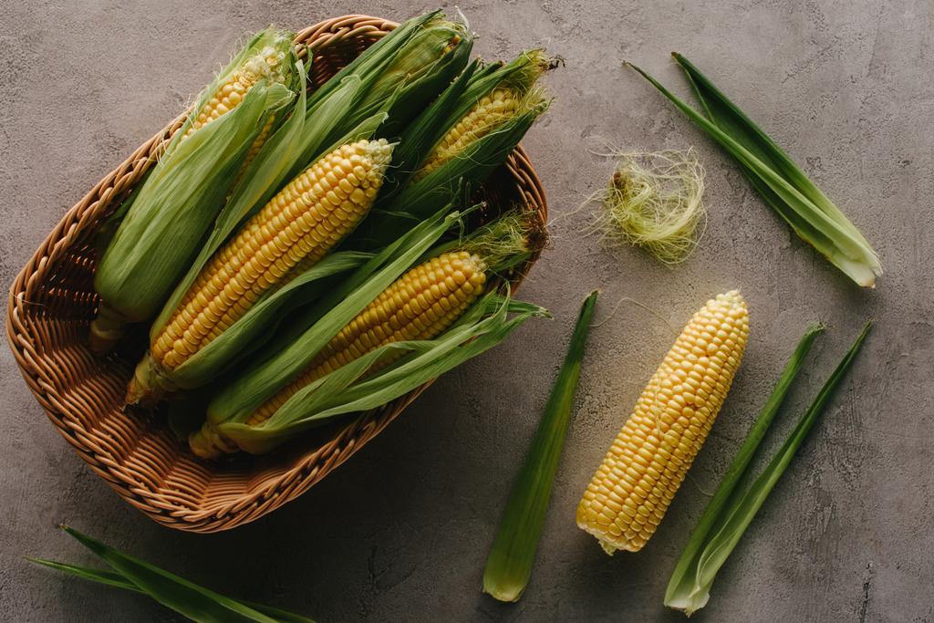 vista superior de mazorcas de maíz frescas en cesta sobre superficie de hormigón
  - Foto, Imagen