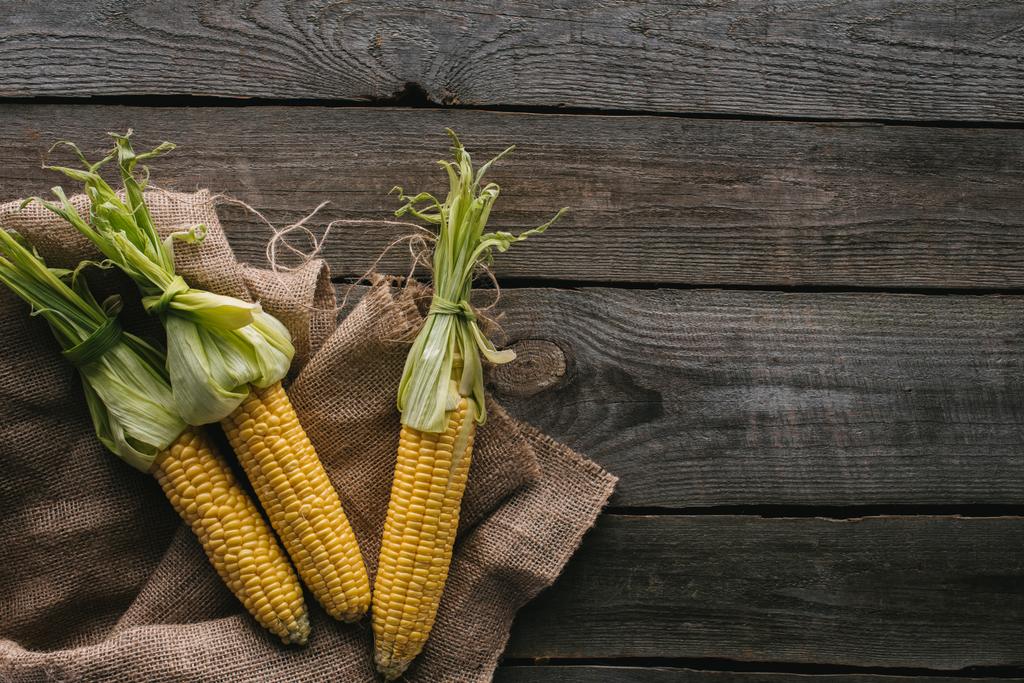 vista superior de mazorcas de maíz frescas en tela de saco sobre mesa de madera
 - Foto, imagen