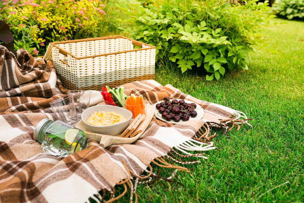 Picknick op het gras in het Park, op een geruite bruine geruite snacks, groenten, fruit, water in de Bank en de bril, zonder mensen. - Foto, afbeelding