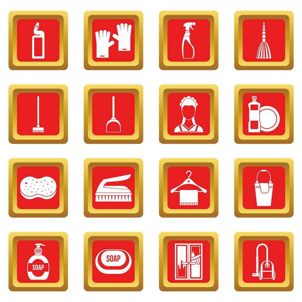Conjunto de iconos de limpieza casa rojo
 - Vector, imagen