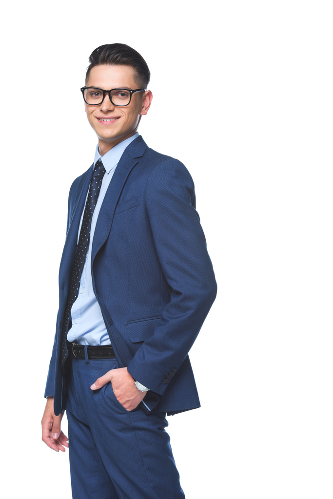 jovem empresário feliz na jaqueta azul elegante olhando para a câmera isolada no branco
 - Foto, Imagem