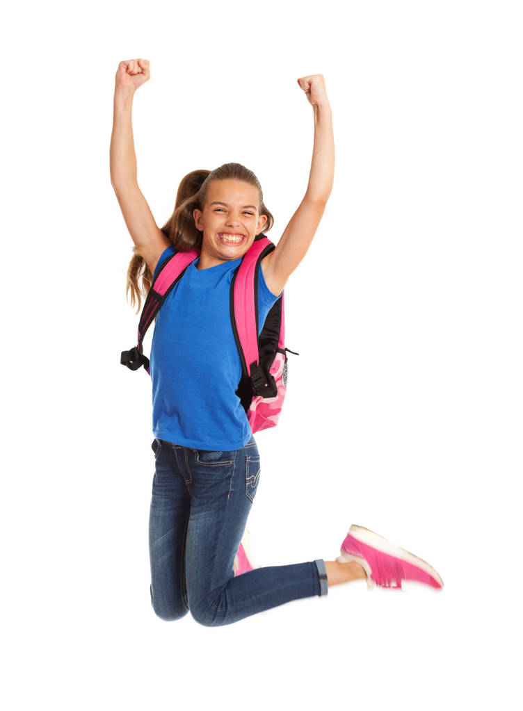 Szkoła: Szkoła: Dziewczynka skacze wysoko w powietrzu - Zdjęcie, obraz