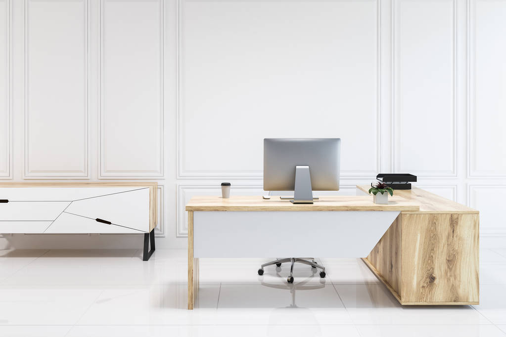 Witte deelvenster Scandinavische stijl kantoor werkplek met een betegelde vloer en de tafel van een computer. Een houten set laden in de buurt van de muur. 3D-rendering mock up - Foto, afbeelding