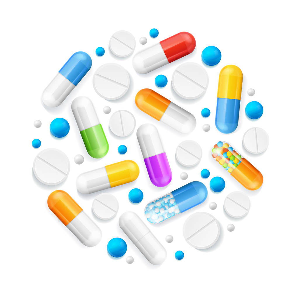 Réaliste détaillée 3d pilules et comprimés conception ronde concept de modèle. Vecteur
 - Vecteur, image