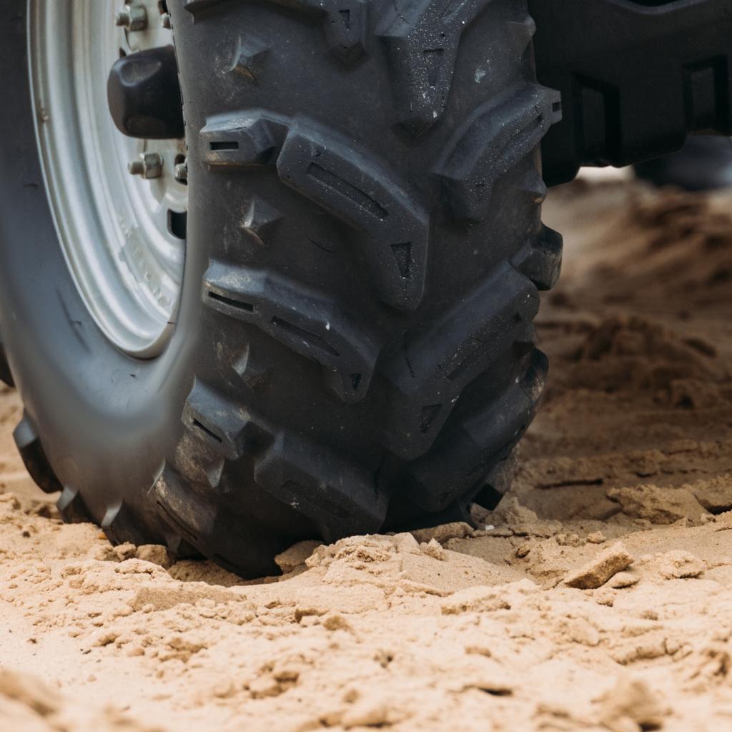 cropped shot of wheel of all-terrain vehicle on sand - Photo, Image