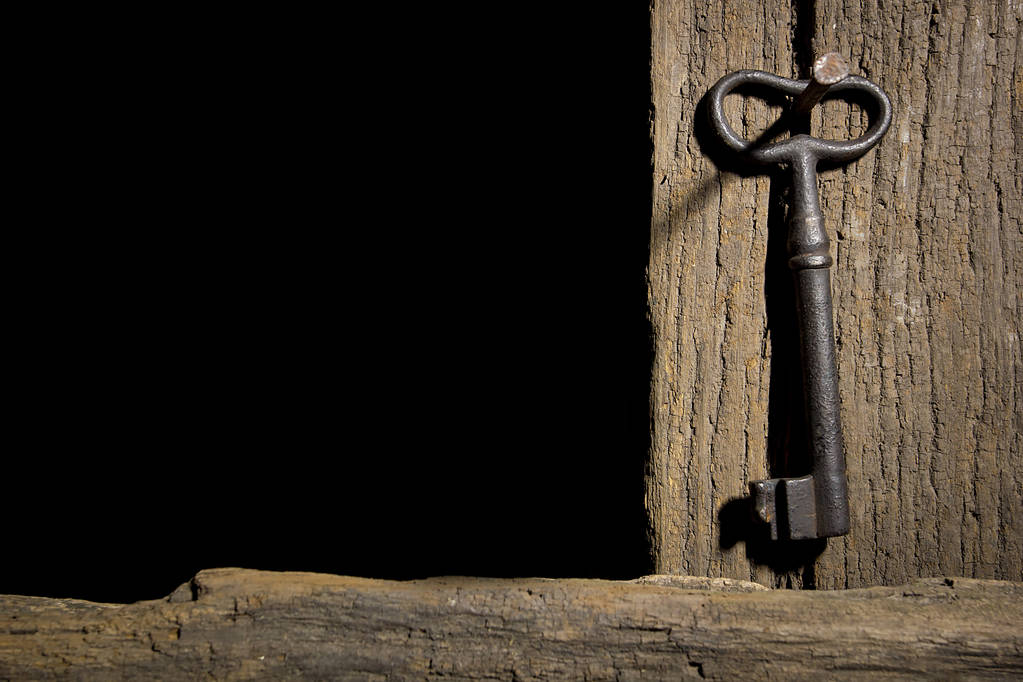 Vintage klíč visí na staré log - Fotografie, Obrázek