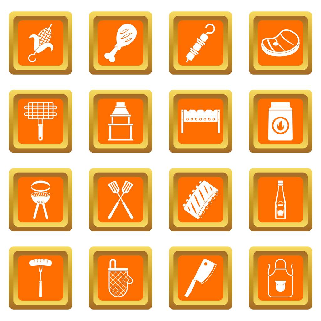 Conjunto de iconos de comida barbacoa naranja
 - Vector, Imagen