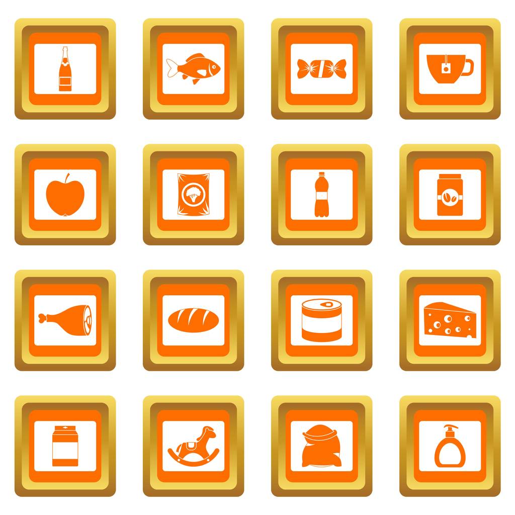 Shop navigatie voedingsmiddelen iconen set oranje - Vector, afbeelding