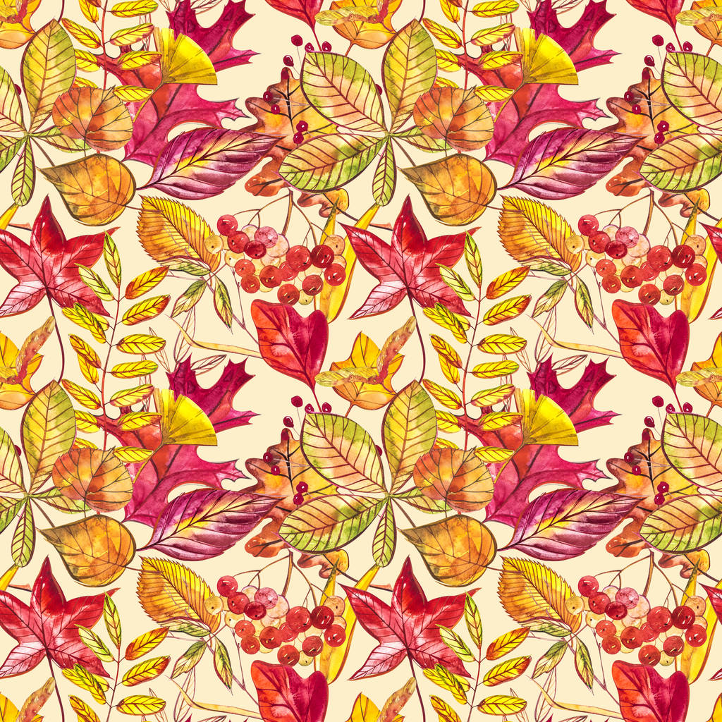Naadloos patroon met eikels en herfst eiken bladeren in Oranje, Beige, Bruin en Geel. Perfect voor behang, cadeaupapier, patroon vullingen, web pagina achtergrond, herfst wenskaarten. - Foto, afbeelding