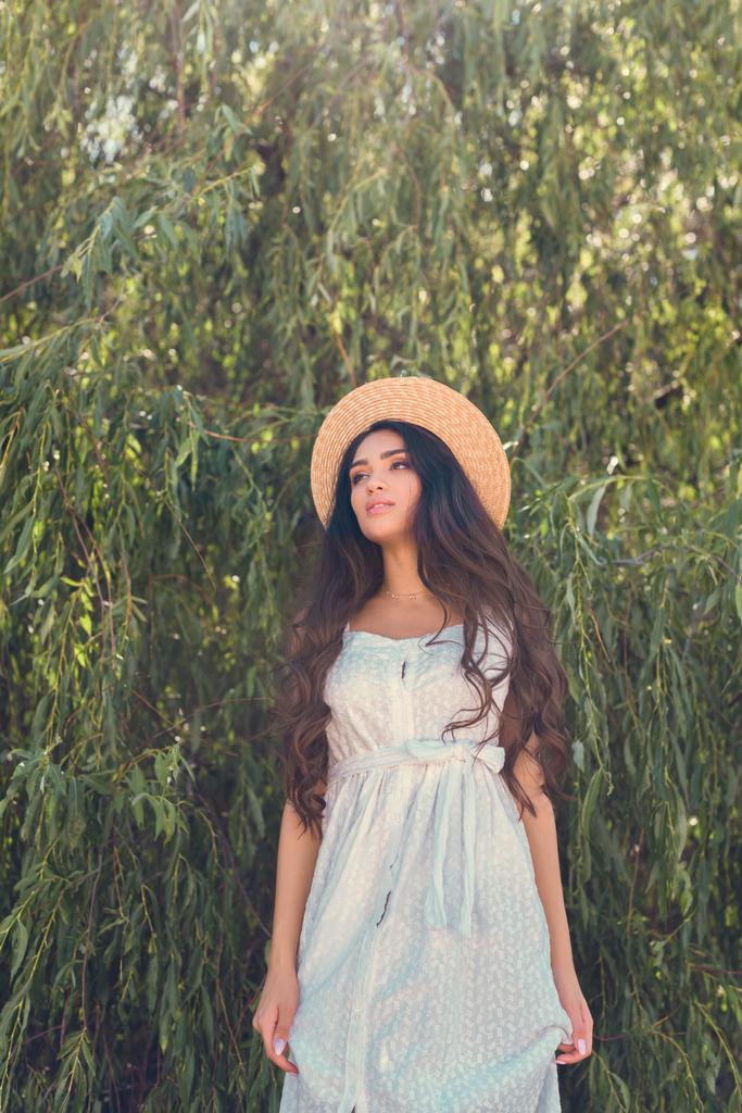 όμορφο κορίτσι στο ψάθινο καπέλο και το λευκό φόρεμα που παρουσιάζουν κοντά ιτιά δέντρο - Φωτογραφία, εικόνα