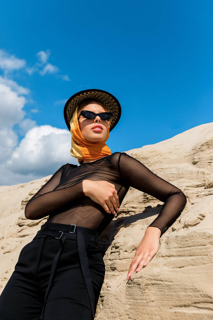 atrakcyjna kobieta modne pozowanie w pobliżu wydm z nieba na tle - Zdjęcie, obraz